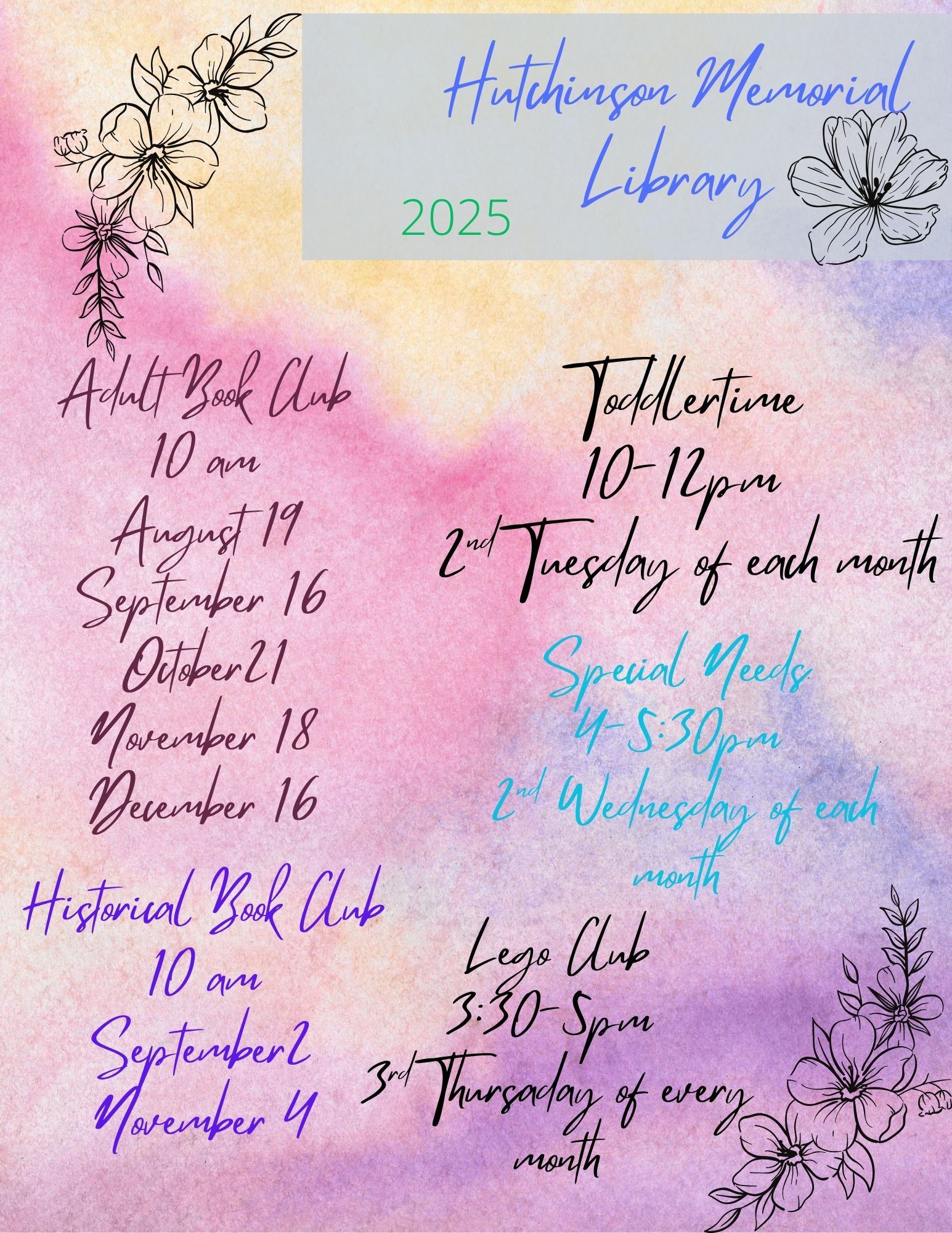 Short list of dates for monthly activities
